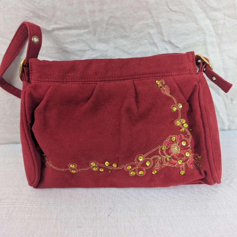 Maggie Sweet Red Ultra Suede Handbag With Sequins and Floral Embroidery